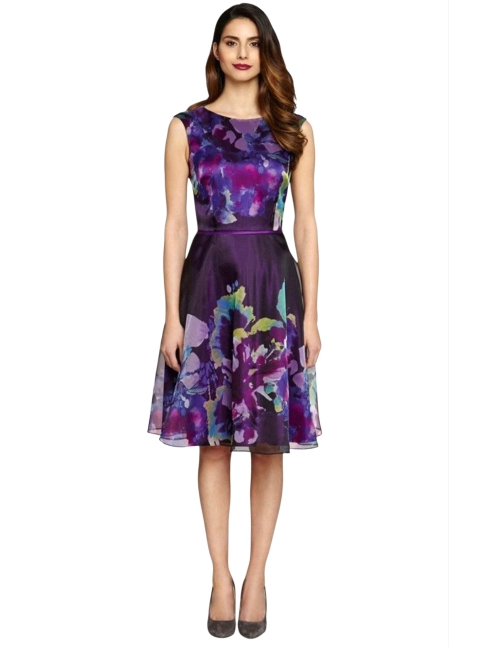 Tahari ASL Sleeveless Purple Floral Fit-and-Flare Dress Size 8 NWT - Picture 15 of 15